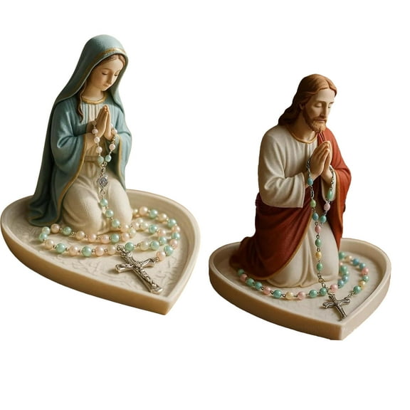 Sacred Resins Holy Mother Father Statue Rosary Storage Box Praying Jewelry Beads Holder Tray For Religious Keepsakes