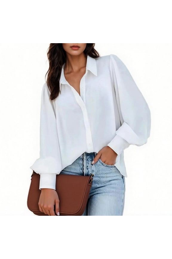 Women's Lantern Long Sleeve Shirt Wrinkle-Resistant Smocked Cuffed Button Down Shirts Dressy Casual Work Blouse with Pocket