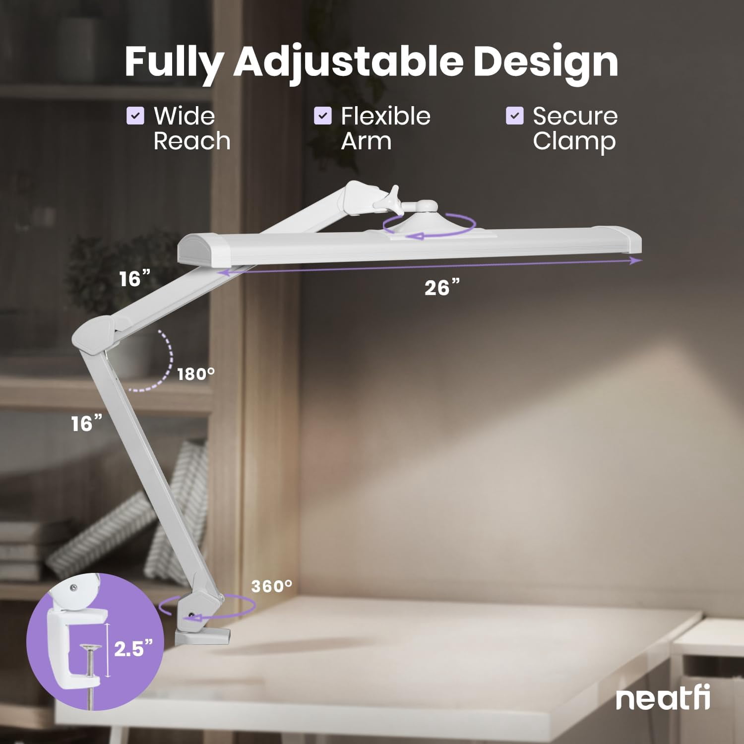 Neatfi Ultra Bright LED Task Lamp with Clamp, 3500 Lumens, 26-Inch Wide Head, 3 Light Modes, Adjustable Work Light for Workbench, Workshop and Reading, White