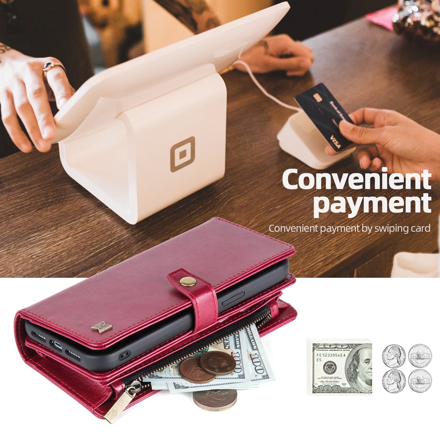 2 In 1 Wallet Phone Case for Apple iPhone 13 Pro Max, Detachable Magnetic Back Cover with Cards Holder Zipper Pocket Hand Wrist RFID Blocking Snap Closure Shockproof Case for iPhone 13 Pro Max, Red