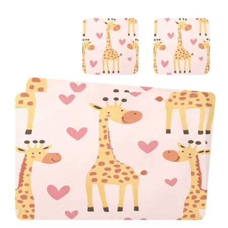 

Wobogo Adorable Cartoon Giraffes Heart Pattern Placemats Coasters Set of 2 Heat-resistant Non-slip Easy to Clean Square Dinner Plate Mat