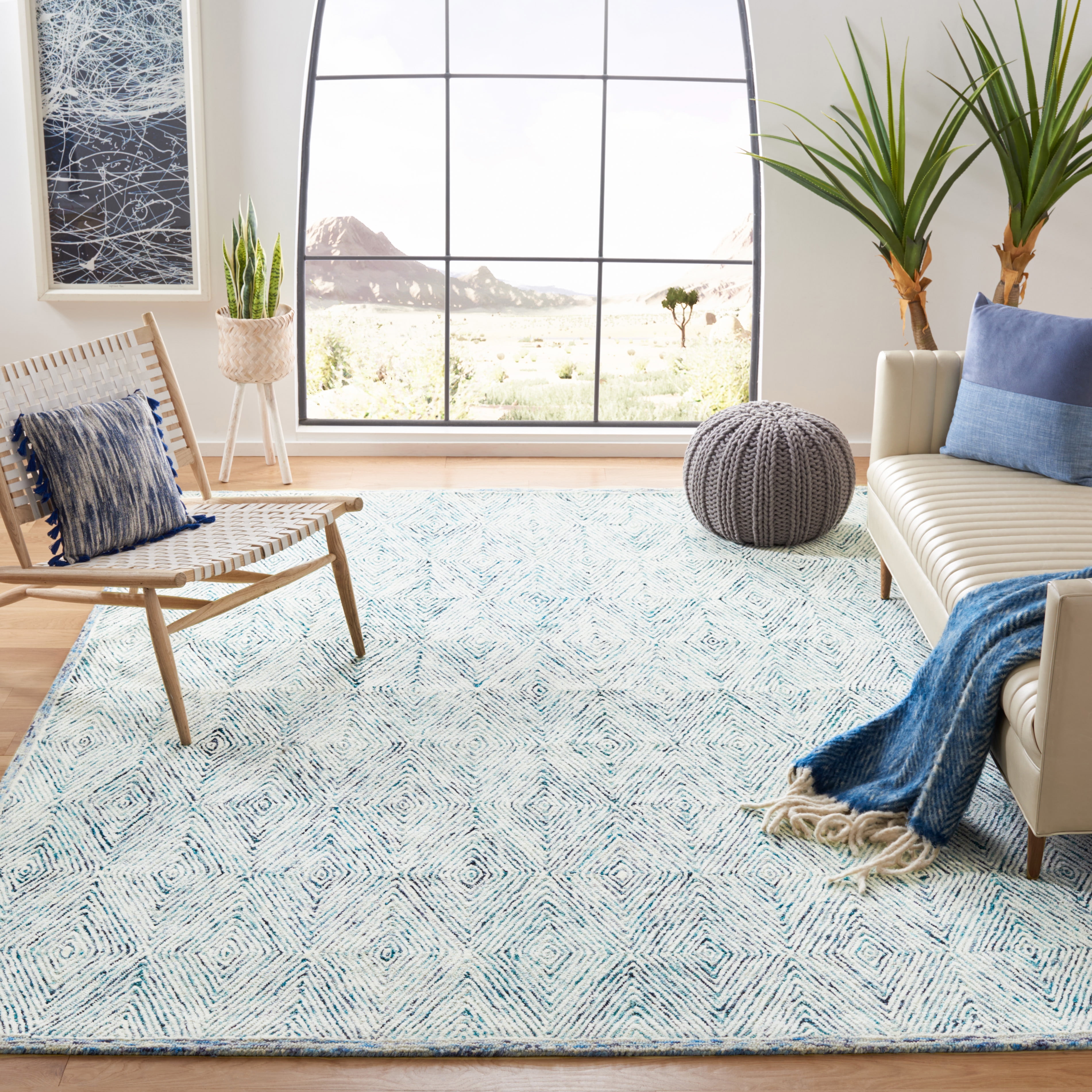 SAFAVIEH Capri Nicholas Diamond Wool Area Rug, Blue/Ivory, 7' x 7' Square