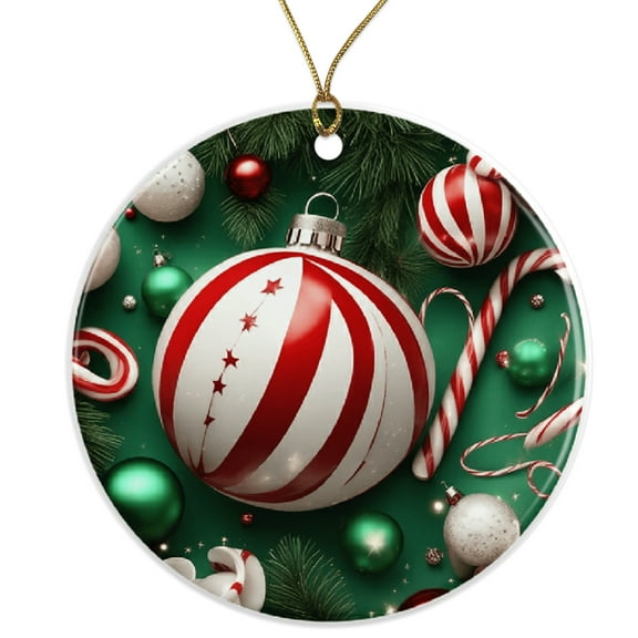 Striped Candy Cane Christmas Ornament, Red and White Festive Holiday Decor Ceramic Ornament - 3 Inch Christmas Tree Round Ornament - Xmas Holiday Decor - String Included - ORNW0242