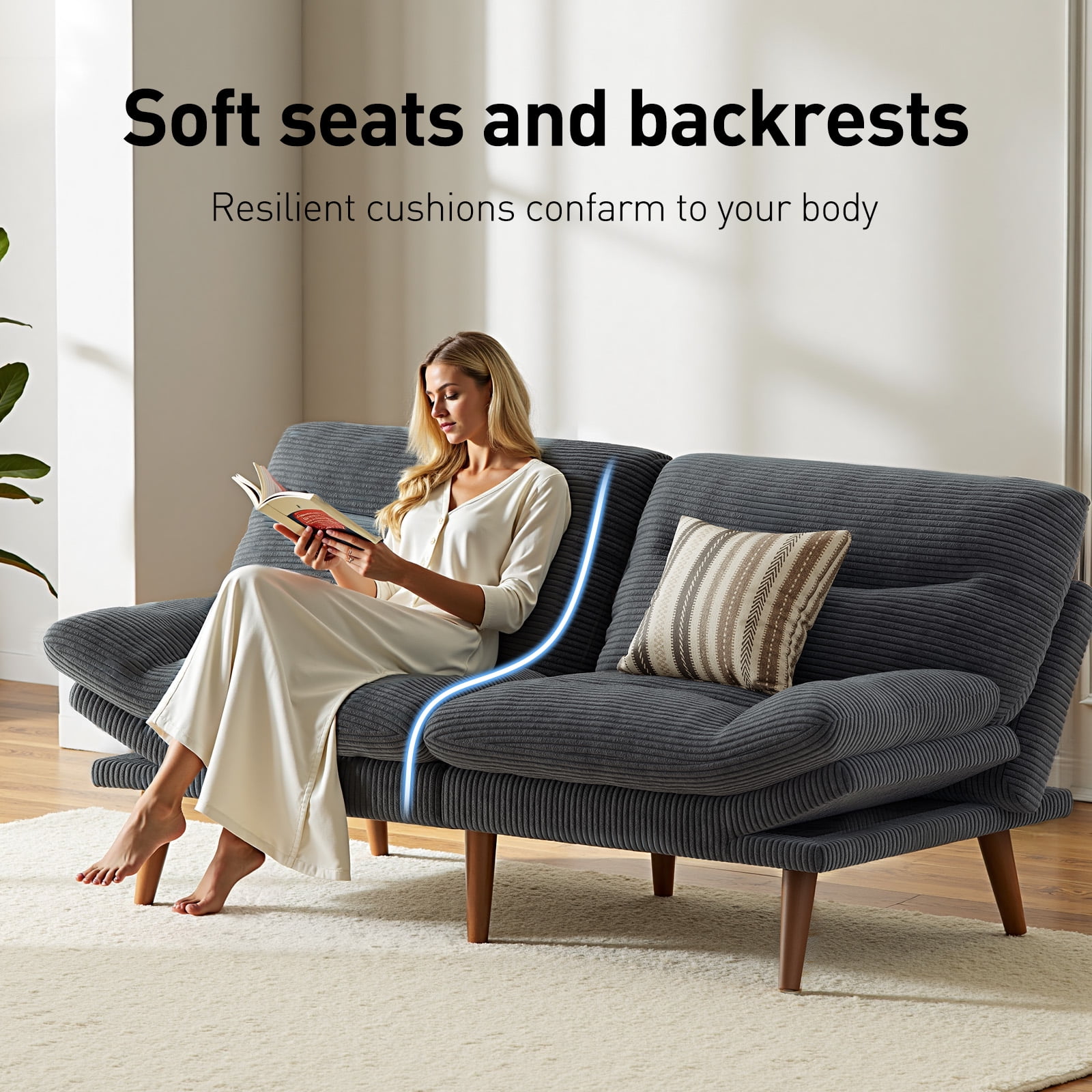 CHITOOMA 66" Futon Sofa Bed with Adjustable Backrest and 6-Level Armrests, Grey Corduroy Convertible Futon Couch, Comfy Loveseat for Small Spaces, Apartment or Office