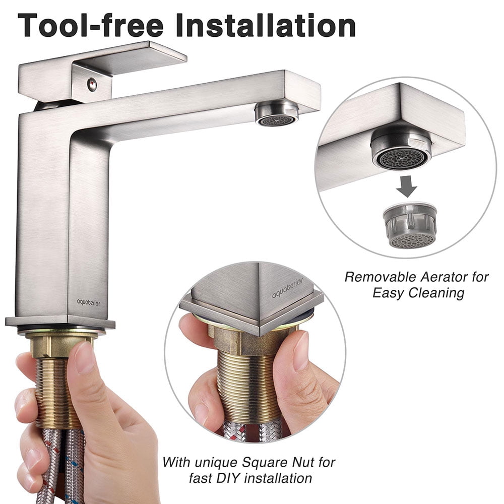 Aquaterior 1 Hole Bathroom Sink Faucet Square 1 Handle Cold & Hot Water Nickel 3.2 lbs