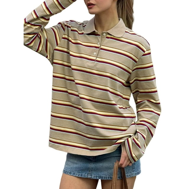 Chandails de Rugby Surdimensionnés à Rayures à Manches Longues pour Femmes - Col en V Y2k Preppy Chandail à Enfiler Kaki P