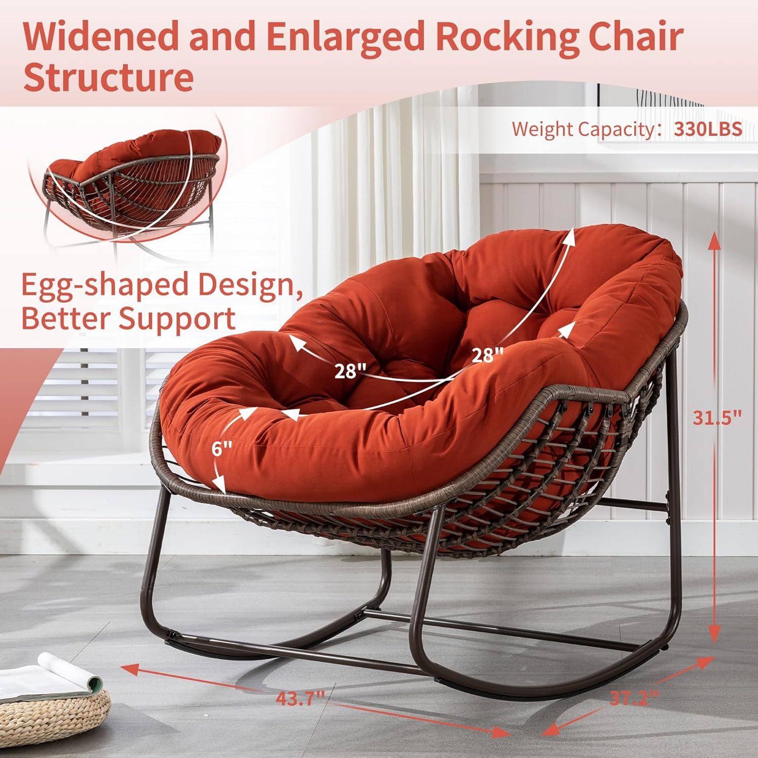 MOONMISS Outdoor Patio Rattan Oversized Rocking Chairs Set of 2 with Padded Cushion-Orange