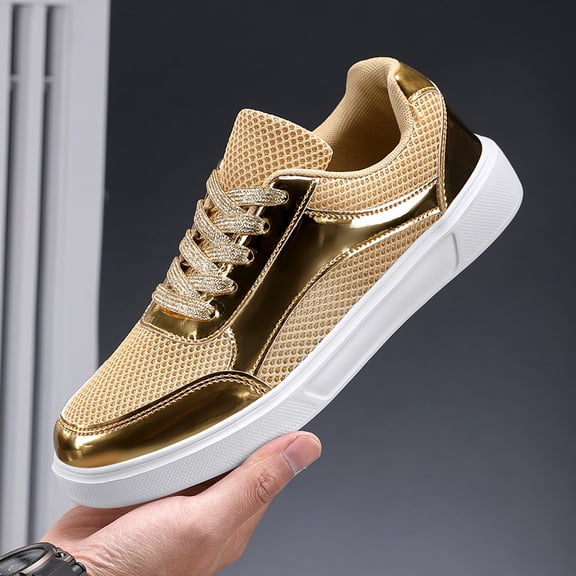 Golden & White Casual Sneakers - Stylish Low Top Sneakers |Golden White Sneakers|Laceup Closure with Lace-Up Closure, Mesh & Microfiber Upper, EVA Sole, All-Season Comfort, Casual Wear Sneakers