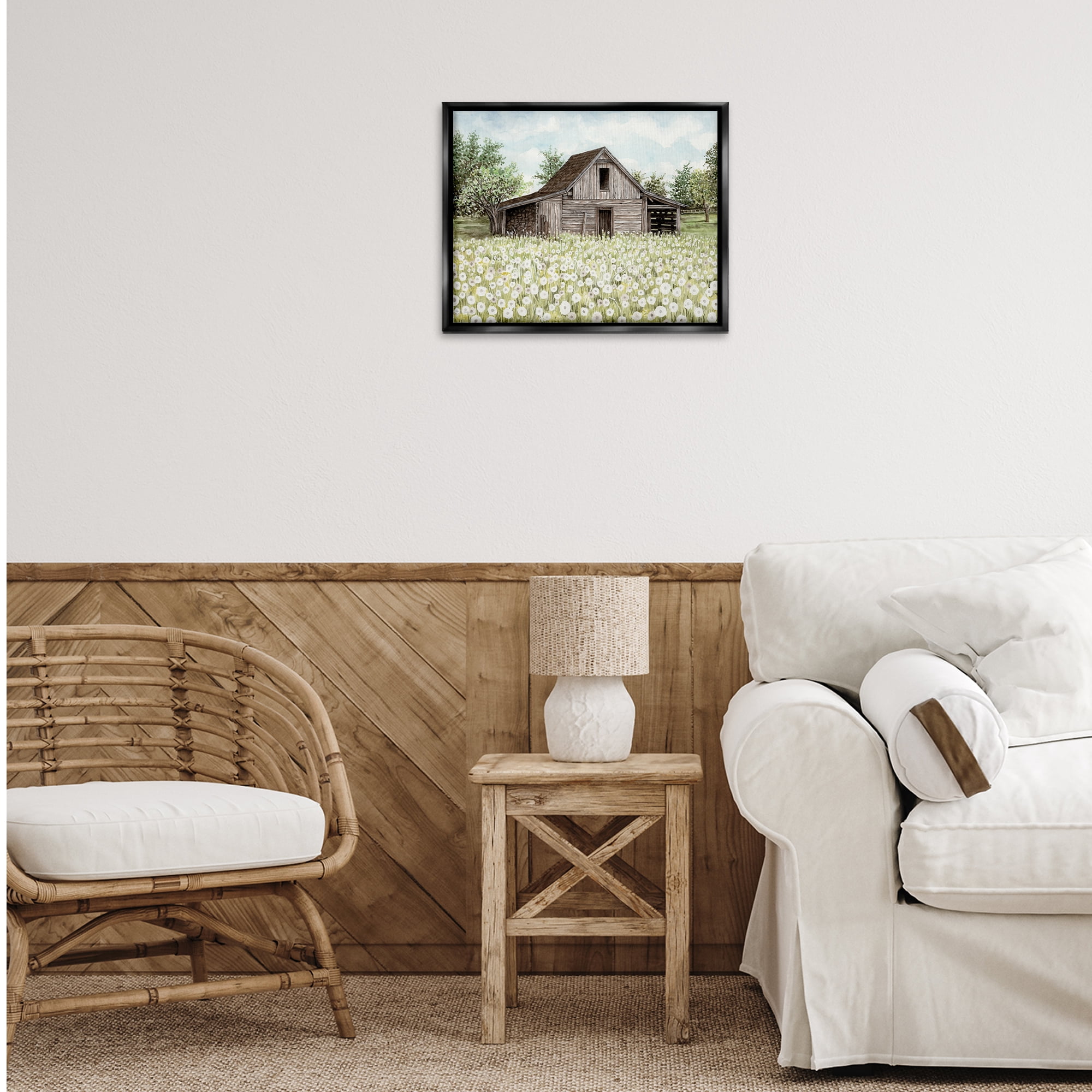 Stupell Industries White Poppy Farm Meadow Landscape & Nature Painting Black Floater Framed Canvas Art Print Wall Art, 21 x 17