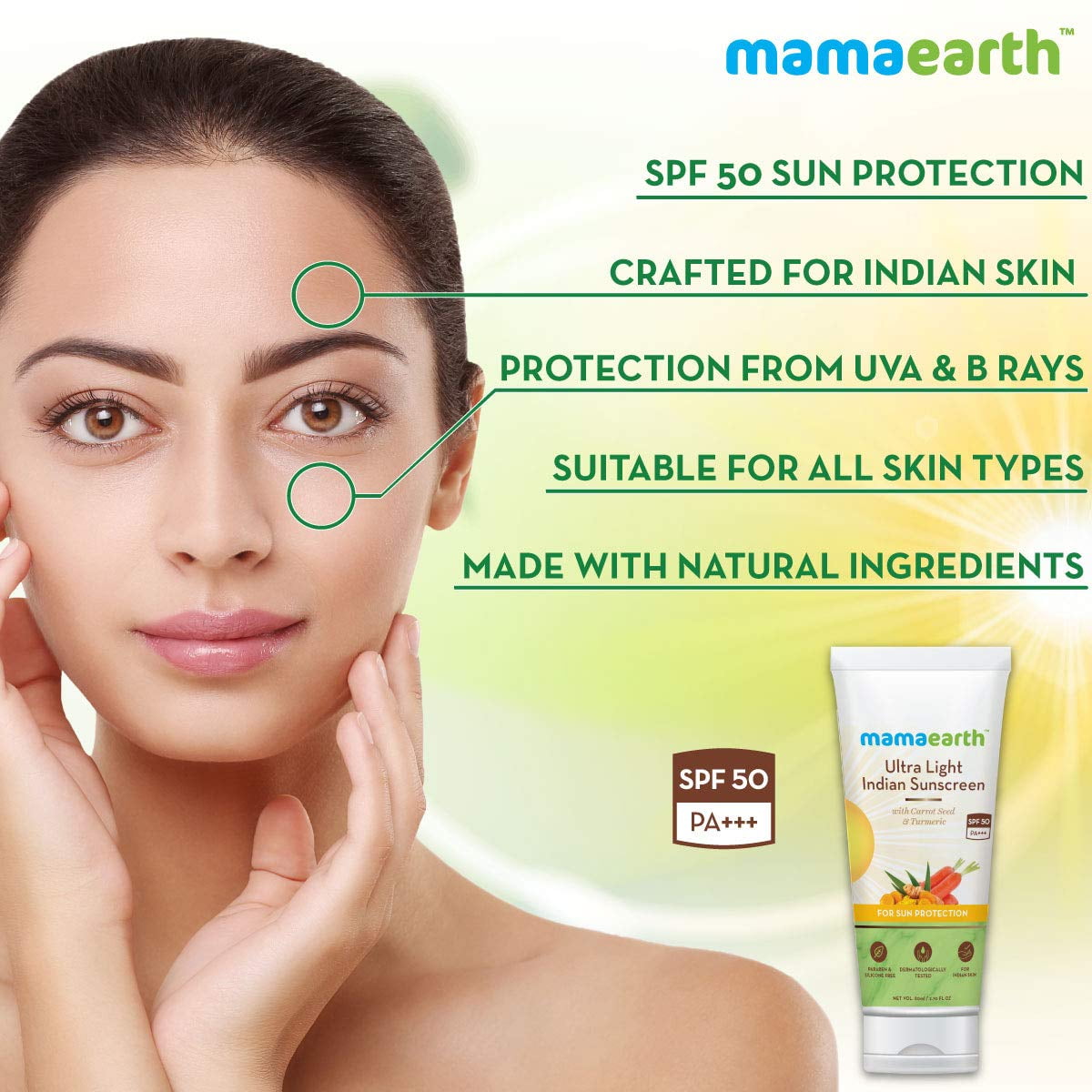 Mamaearth s Ultra Light Natural Sunscreen Lotion SPF 50 PA For Indian Skin With Turmeric Carrot Seed 80ml