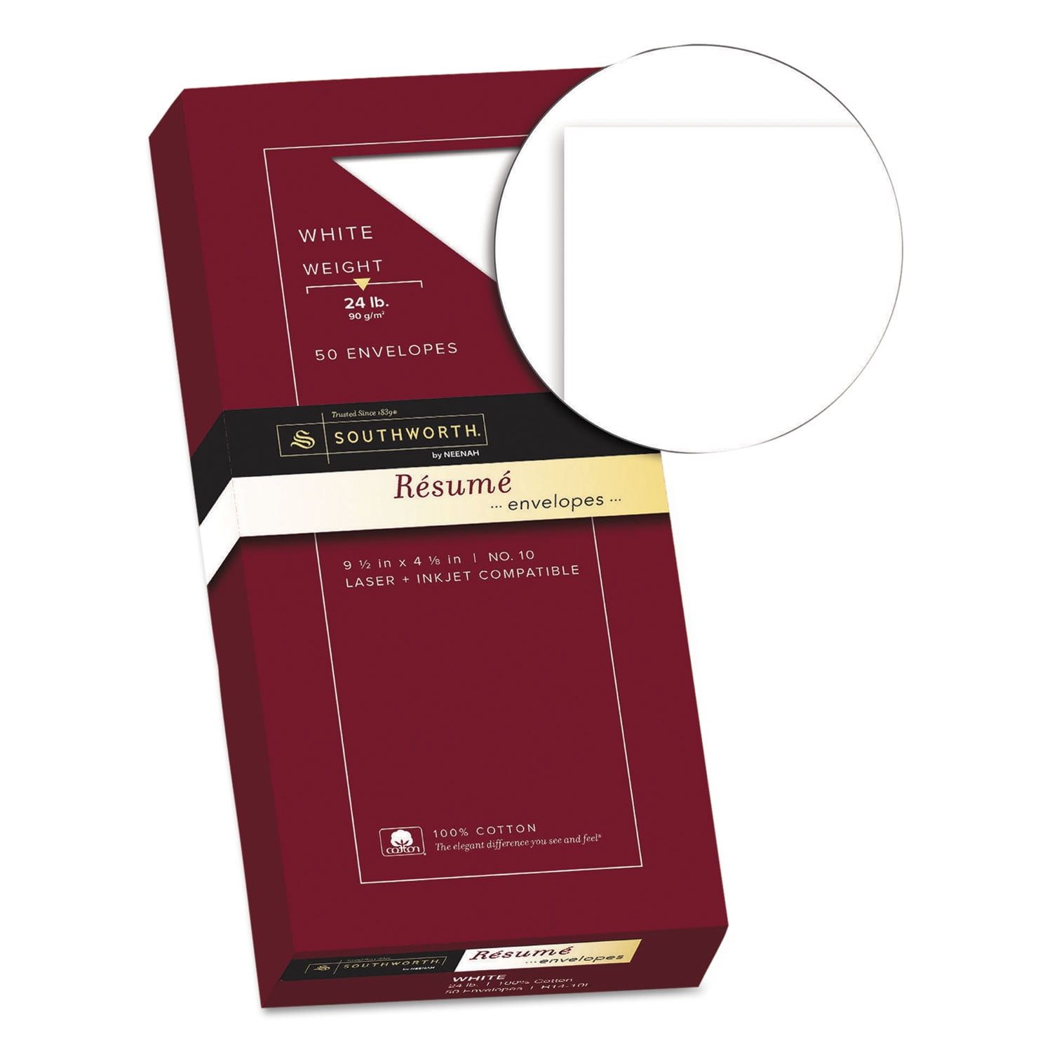 100% Cotton Resume Envelope 10, Commercial Flap, Gummed Closure, 4.13 x 9.5, White, 50/Box