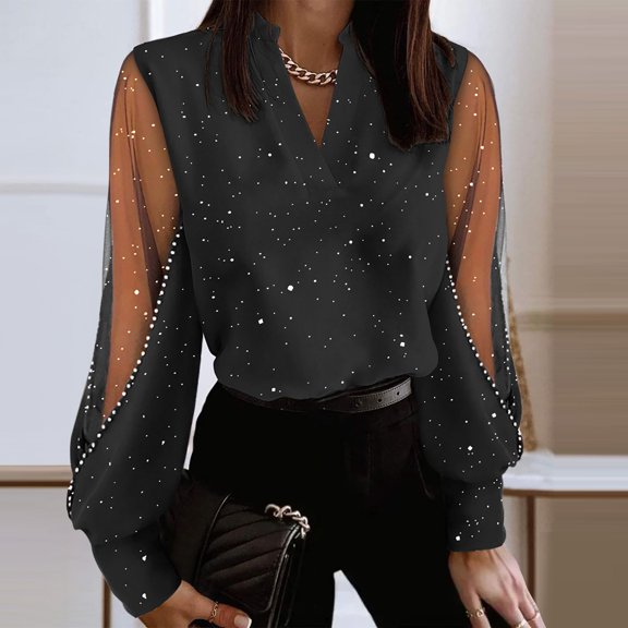 WNEGSTG Long Sleeve Shirts for Women Ladies Bright Flash Paneled V Neck Stylish Long Sleeve Shirt Top