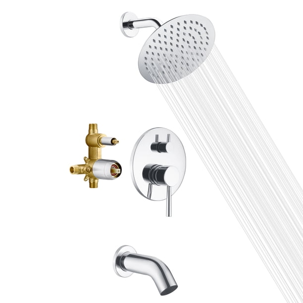 sumerain Grifo de Bañera y Regadera con Válvula, Kit de Regadera con Válvula de Equilibrio de Presión, Cabezal de Regadera de Lluvia de 8 Pulgadas y Boquilla de Cascada Acabado en Cromo