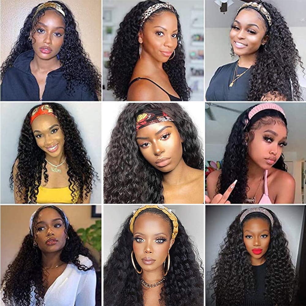 Headband Wig Human Hair Deep Wave Glueless None Lace Front Headband Wig Brazilian Virgin Hair Wigs for Black Women - 28 inch