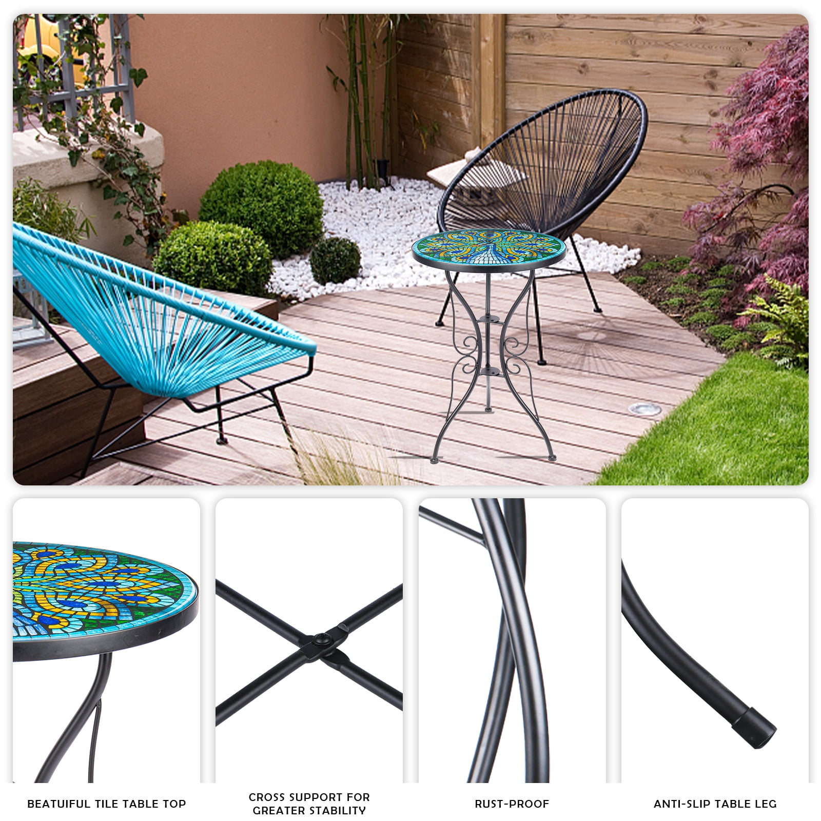 Peacock Glass Side Table for Garden, Outdoor Plant Stand Mosaic Accent Table Round Small End Table for Living Room Porch Balcony Garden