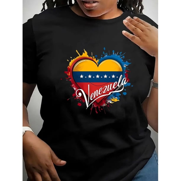 Camiseta de manga corta para mujer, camisetas tipo túnica, trajes de regalo cómodos, ropa deportiva, camisetas de verano, camiseta básicaCreative Heart Flag Graphic Print T-shirt, Casual Round Neck