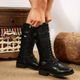 thumbnail image 5 of Tao Tao Womens Denim Knee High Lace Up Combat Boots Buckles Skinny Calf Boots Dark Gray 36, 5 of 9