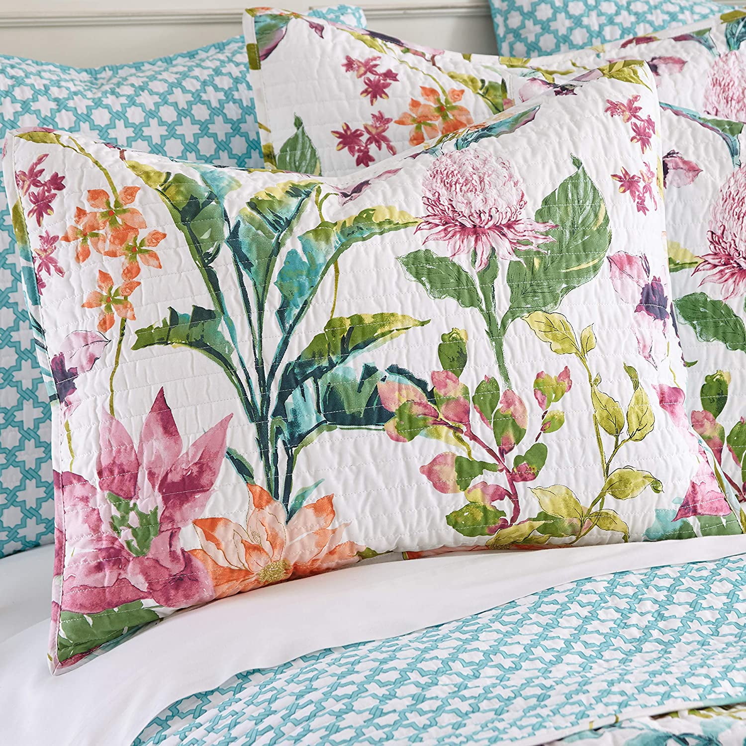 Levtex Home - Malana Quilt Set - Full/Queen Quilt + Two Standard Pillow Shams - Tropical - Green, Coral, Plum, Teal - Quilt (88x92in.) and Pillow Shams (26x20in.) - Reversible - Cotton Fabric