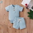 thumbnail image 2 of Ticikt Summer Baby Boy Girl Clothes Set Ribbed Outfits Unisex Solid Short Sleeve Tops Shorts 2PCS,Color:Blue,Size:3-6 Months, 2 of 9