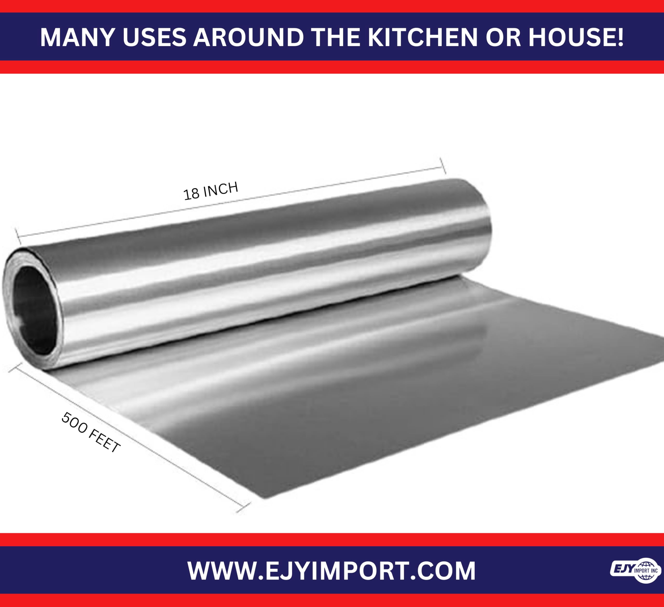 EJY IMPORT 18” x 500 Feet Heavy Duty Aluminum Foil Wrap | Commercial Grade for Food Service Industry | Aluminum Silver Foil for Cooking, Baking, Roasting, BBQ | 18"x 500 Feet Long (Pack of 1)