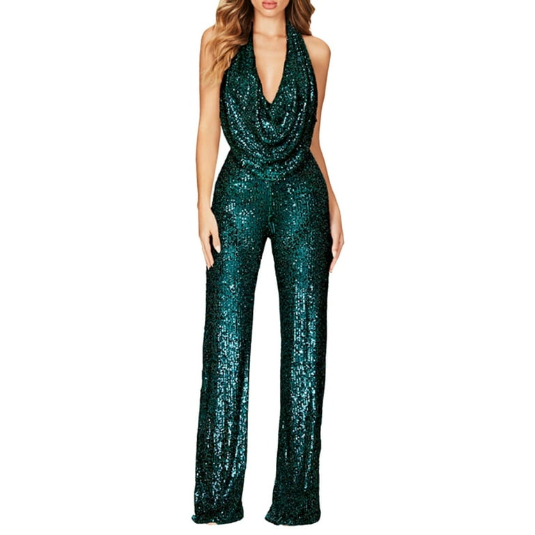 JDEFEG Pantsuit for Women Summer New European and American Jumpsuit Lady's  Sleeveless Halter Neck Sequin Pants Women Dressy Pant Suit Green Size M 