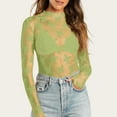 thumbnail image 2 of Lace Mesh Sheer Long Sleeve Tops for Women See Through Floral Embroidery Bodysuit Fishnet Fitted Tight T Shirts Blouses Green XL, 2 of 4