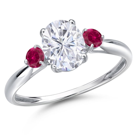 Gem Stone King 10K White Gold White Moissanite and Red Created Ruby 3-Stone Ring for Women | 1.78 Cttw | Oval 8X6MM | Gemstone Birthstone | Size 8