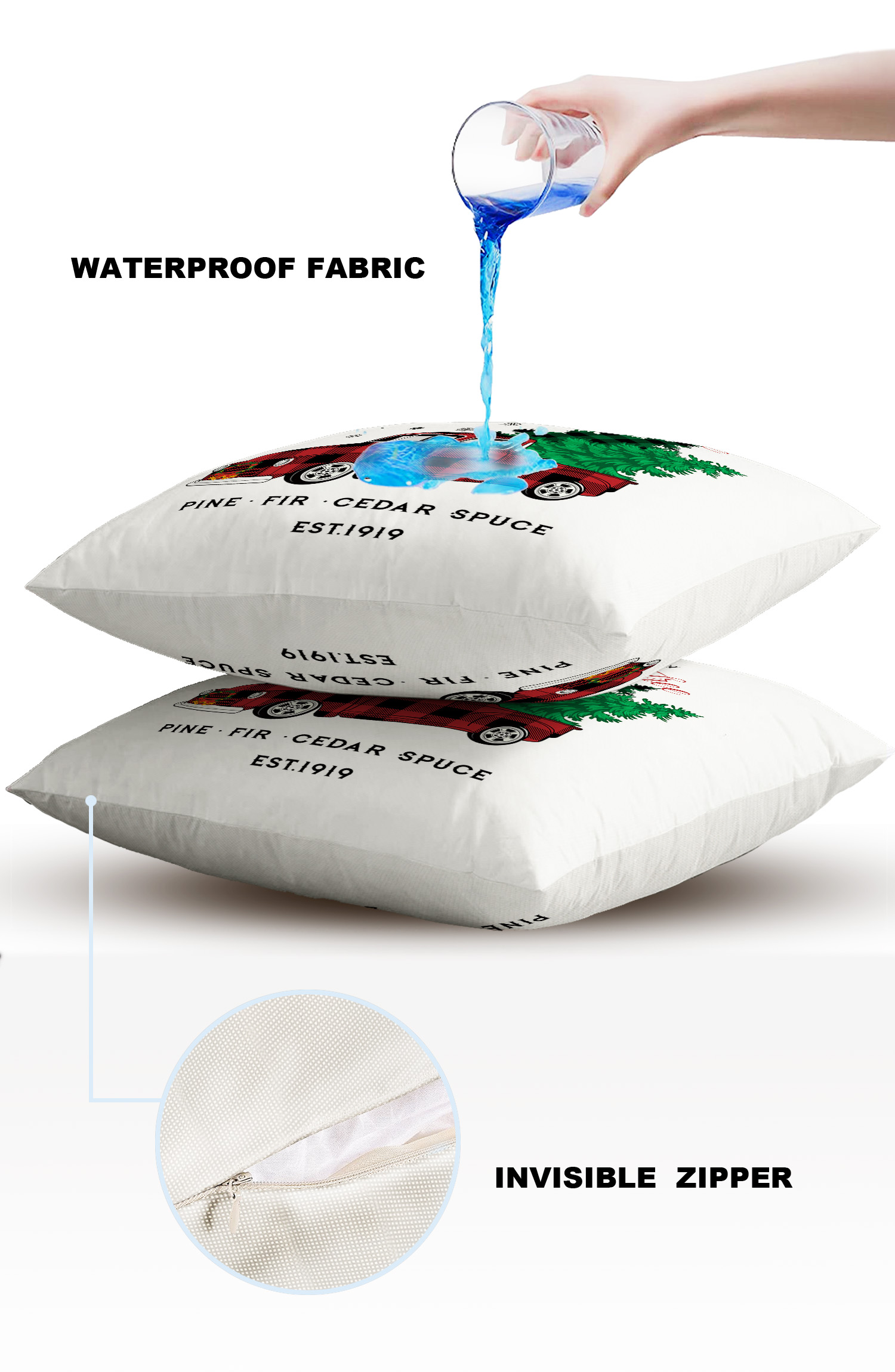 Pack of 2 Outdoor Pillow Covers, Christmas Red Plaid Truck Carry Xmas Tree White Background Waterproof Square Throw Pillowcase Cushion Decorative Pillow Covers for Couch Patio Tent, 24x24 in