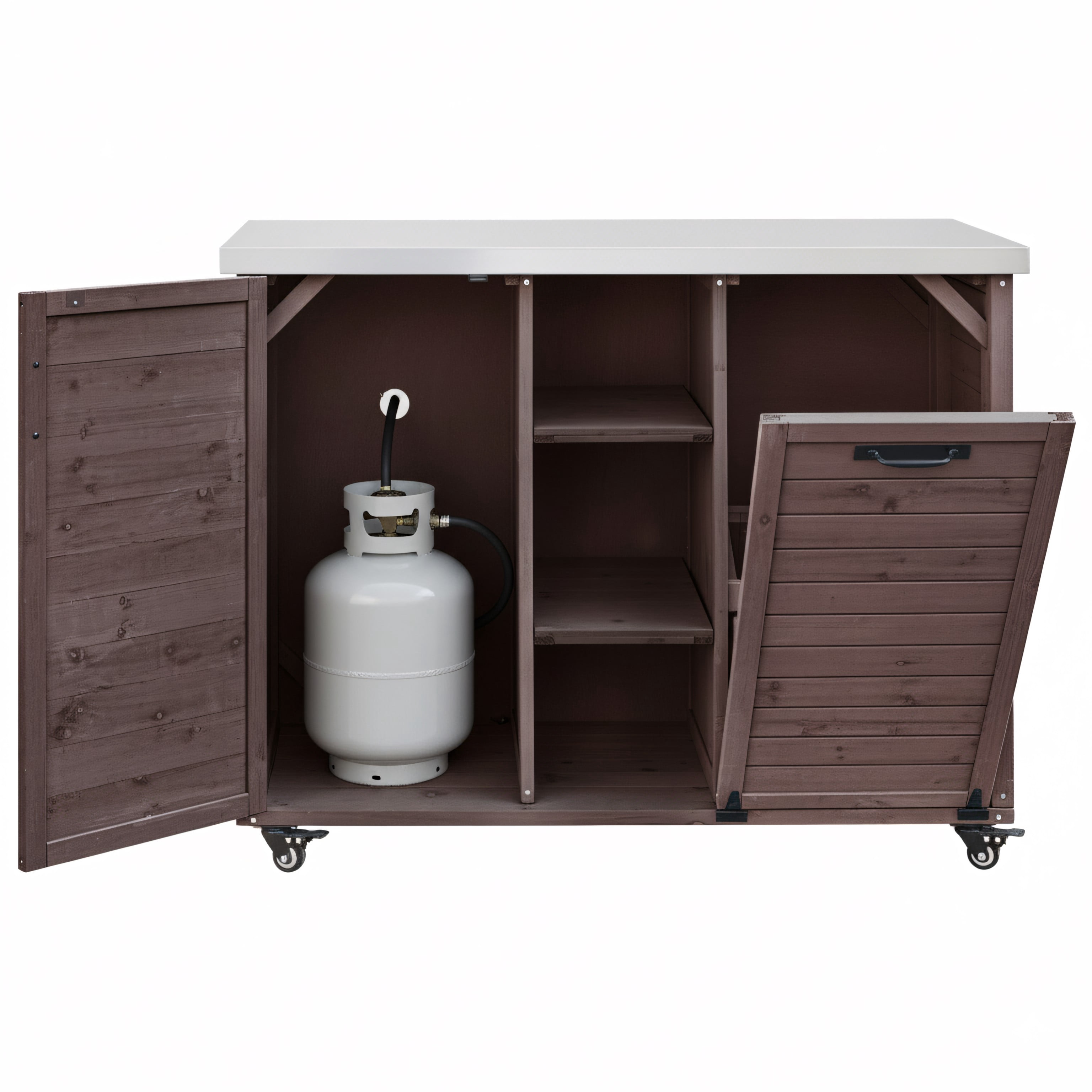 Euroco 78.3" Outdoor Kitchen Island with Foldable Grill Table, Wooden Outdoor Grill Cart with Trash Can Storage & Stainless Steel Top, Outdoor Bar Cart, Pizza Oven Table