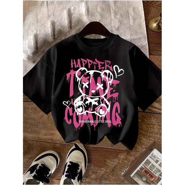 Girls' Summer Casual Short Sleeve T-Shirt - Black Round Neck Tee with "HAPPIER SCARE COUNCILING" Graphic & Bear Design, Regular Fit for Teens, Shirts for Girls, Teenage Clothing, Playfu