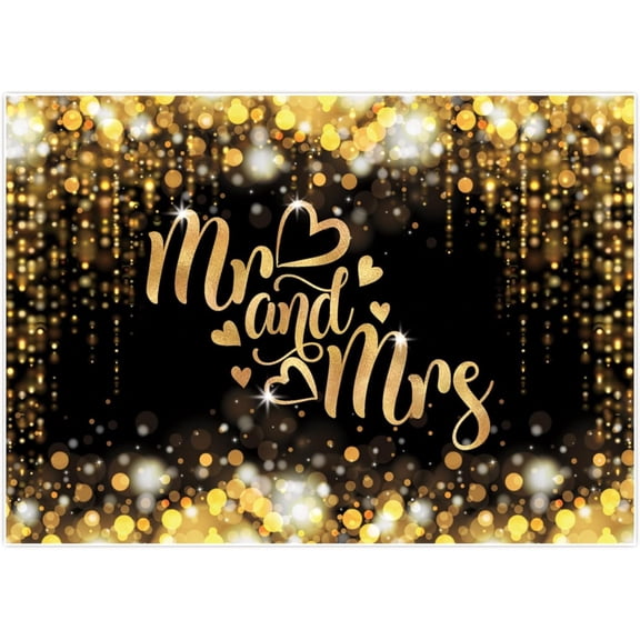 7x5FT Mr & Mrs Engagement Decorations Banner for Couples Gold Black Wedding Backdrop Bride and Groom Engaged Ceremony Anniversary Bridal Shower Supplies Photo Booth Props Background