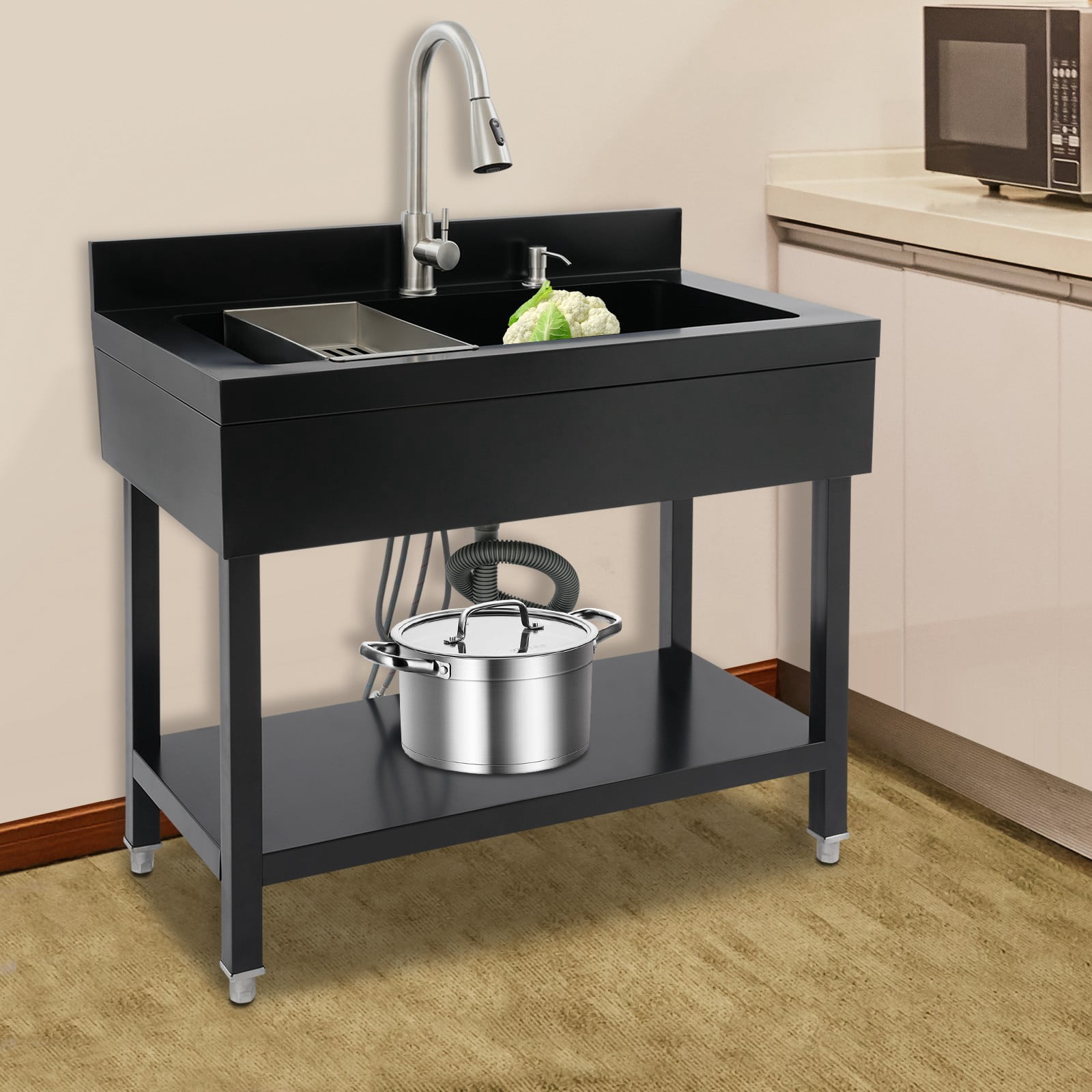 Black Kitchen Sink, Freestanding Utility Sink with Pull-Out Faucet, Stainless Steel Laundry Tub, 2 Water Modes, Large Capacity for Pet Washing
