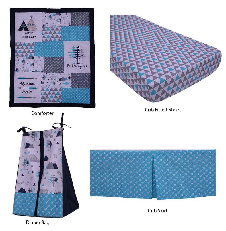 Bacati - Woodlands Aqua/Navy/Grey 4 pc Boys Cotton Crib set with Diaper Stacker, CC, CSK, DS. CFS