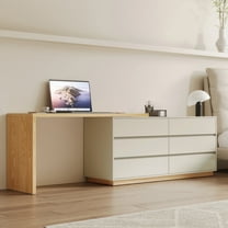 gaoyangjiaju Modern Stretchable L-Shaped Desk with Drawers, 56" to 98.5" Extendable Writing Desk with Storage for Home Office, Bedroom & Living Room, Beige