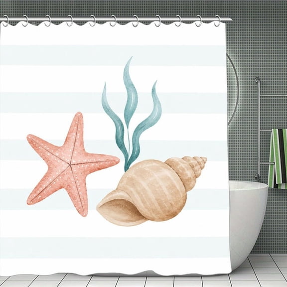 Beach Shower Curtain 70.8×70.8Inch Starfish Shell And Seaweed Watercolor Shower Curtain Summer Ocean Theme Shower Curtain for Bathroom Decor,Fabric Waterproof with Hooks