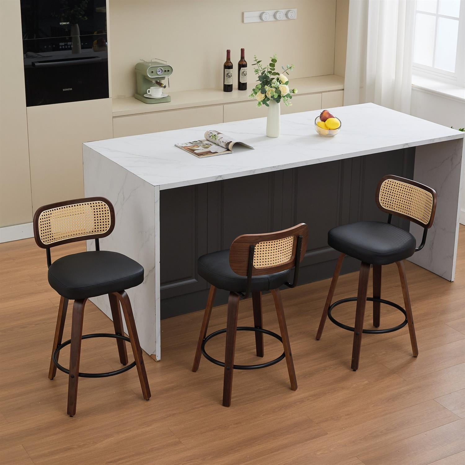 Demi Bonn 35" Swivel Bar Stools Set of 3 with Upholstered Faux Leather, Rattan Back & Bentwood Legs, Counter Height Stools for Kitchen or Bar Seating, Black