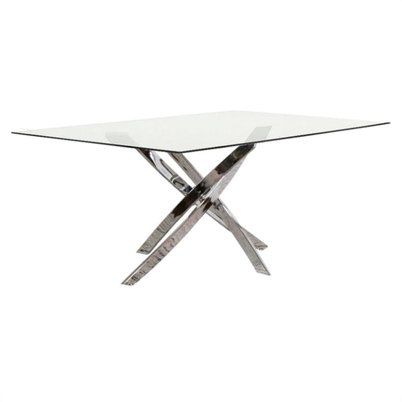 Venu Rectangle 63x35 Clear Glass Top Dining Table w Chrome Metal Geometric Legs