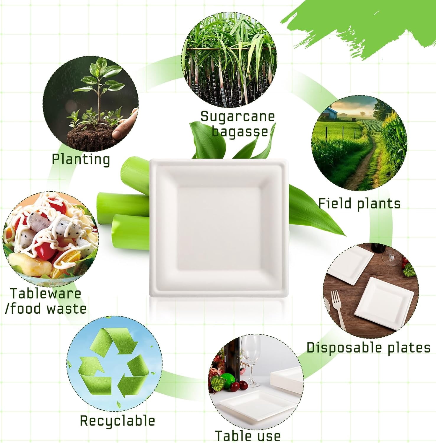 300 pack Compostable Square Paper Plates,6 Inch Dessert Plates,Heavy Duty Biodegradable Sugarcane Plate,Disposable Small Paper Plate for Daily Meals,Party,Picnic,Cake(White)