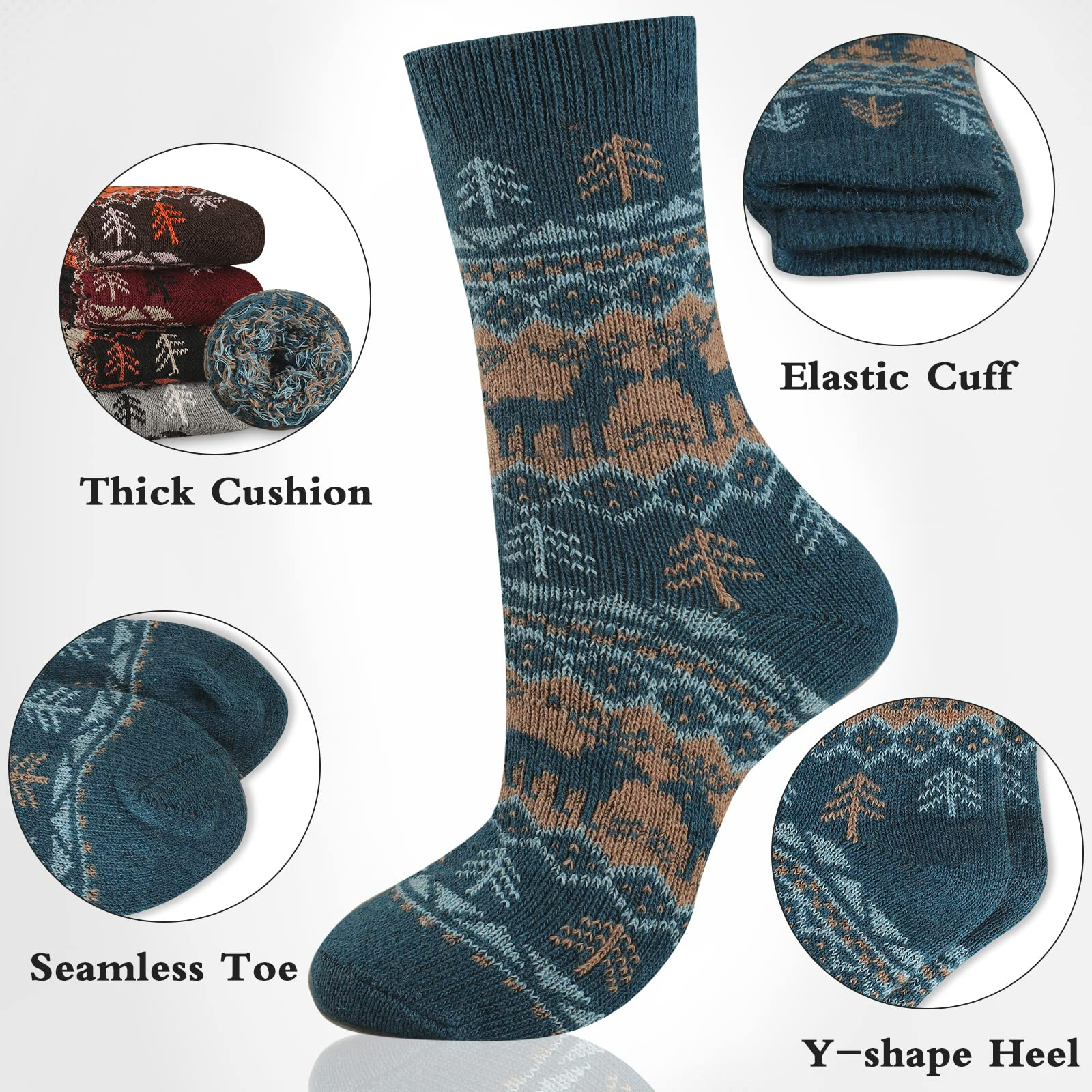 COOPLUS Men's Wool Crew Socks, 5-Pack photo 2
