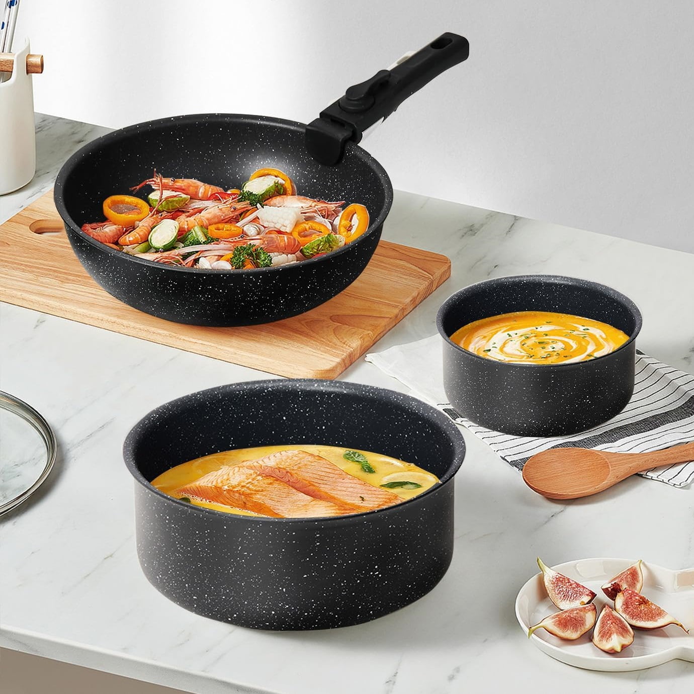 Aidoly Pots and Pans, 12 Pcs Nonstick Kitchen Cookware Sets with Removable Handle, Stackable, Black