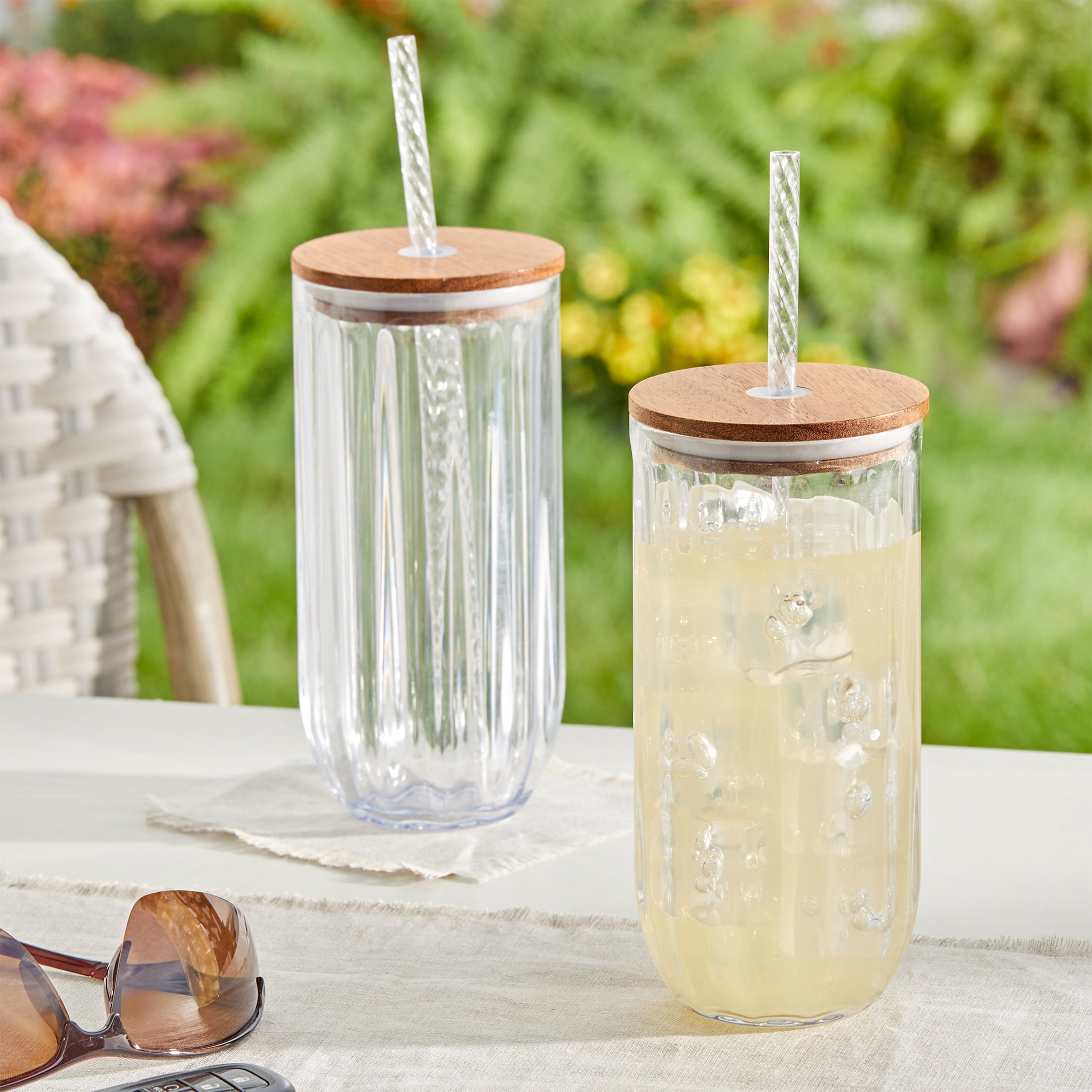 Better Homes & Gardens 2-Piece Clear Ribbed Tritan Sipper Tumbler Set with Acacia Wood Lids and Straws