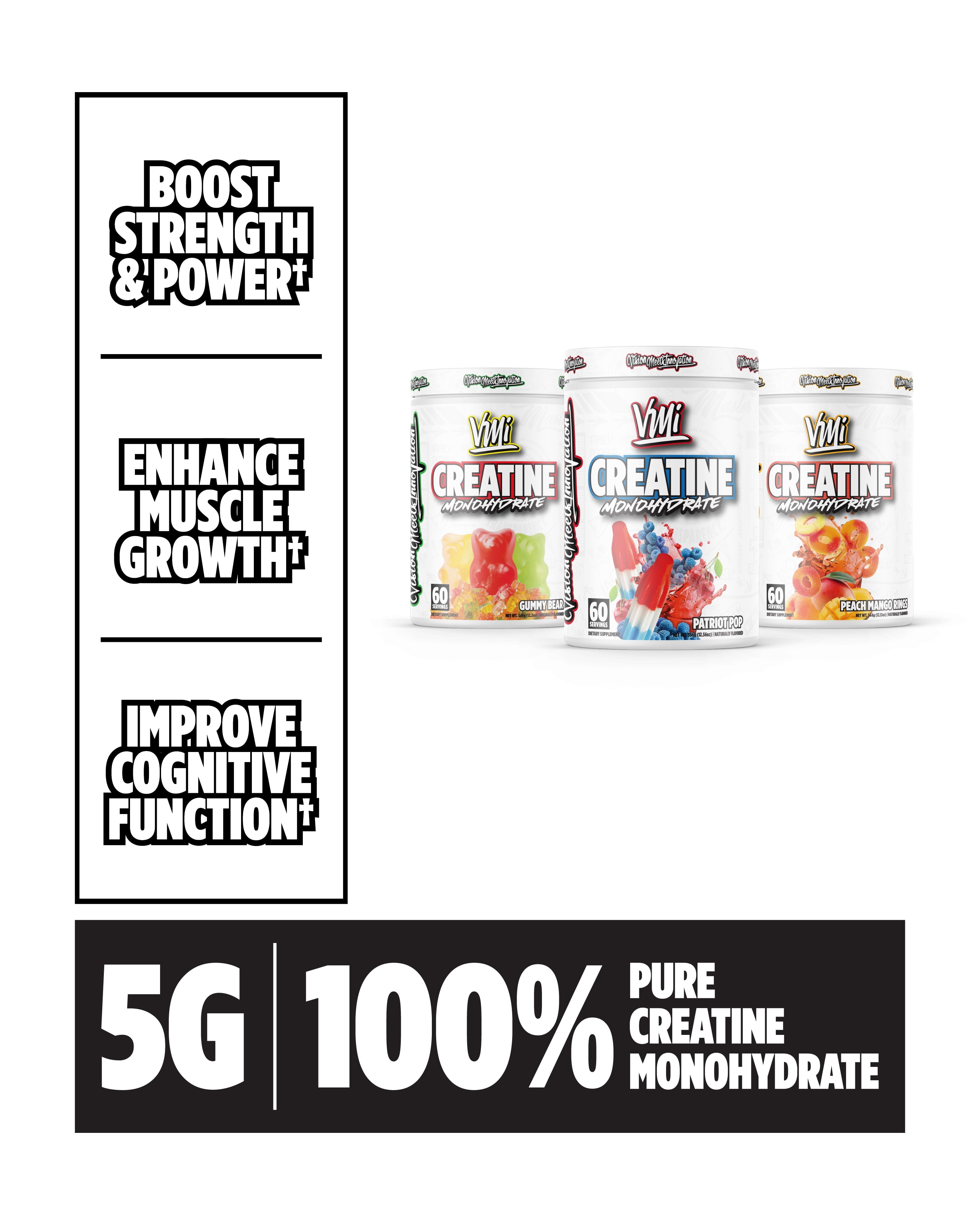 VMI Sports Creatine Monohydrate Powder Muscle Mass – Strength – Size – Power | 5 Grams per Serving (60 Servings, Peach Mango Rings)