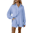 thumbnail image 3 of Conjunto de Dos Piezas para Mujer: Blusa Holgada de Larga Abullonada y Pantalones Cortos de Cintura Alta con Bolsillos Laterales. Azul M, 3 of 6
