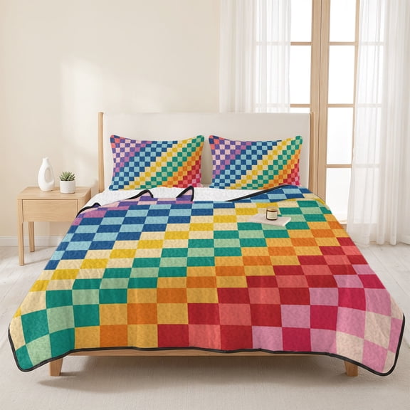 3 Pieces Queen Quilt Set,Abstract Checkerboard Squares Soft Bedding Sets with 1 Quilt & 2 Pillow Shams,Blue Green Red Plaid Summer Bedspread Lightweight Coverlet Comforter for All Season