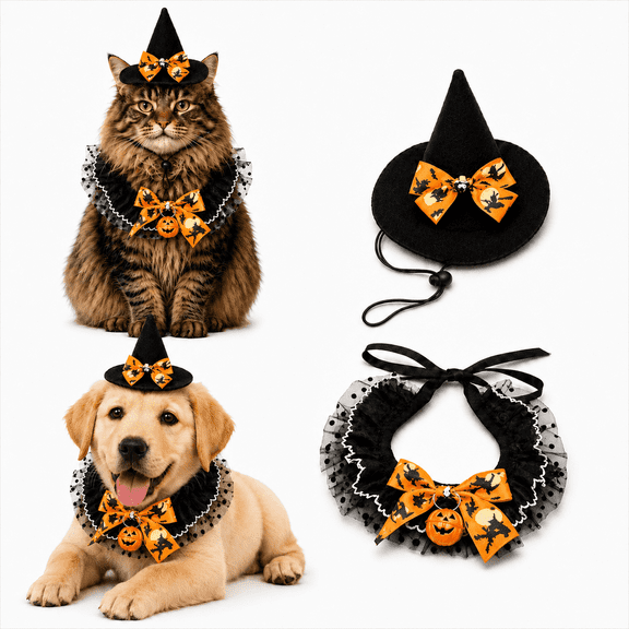 Yellow Halloween Cat Costume Set with Witch Hat and Ruffle Collar for Cats and Small Dogs, Pet Cosplay Party Outfit, 1Set