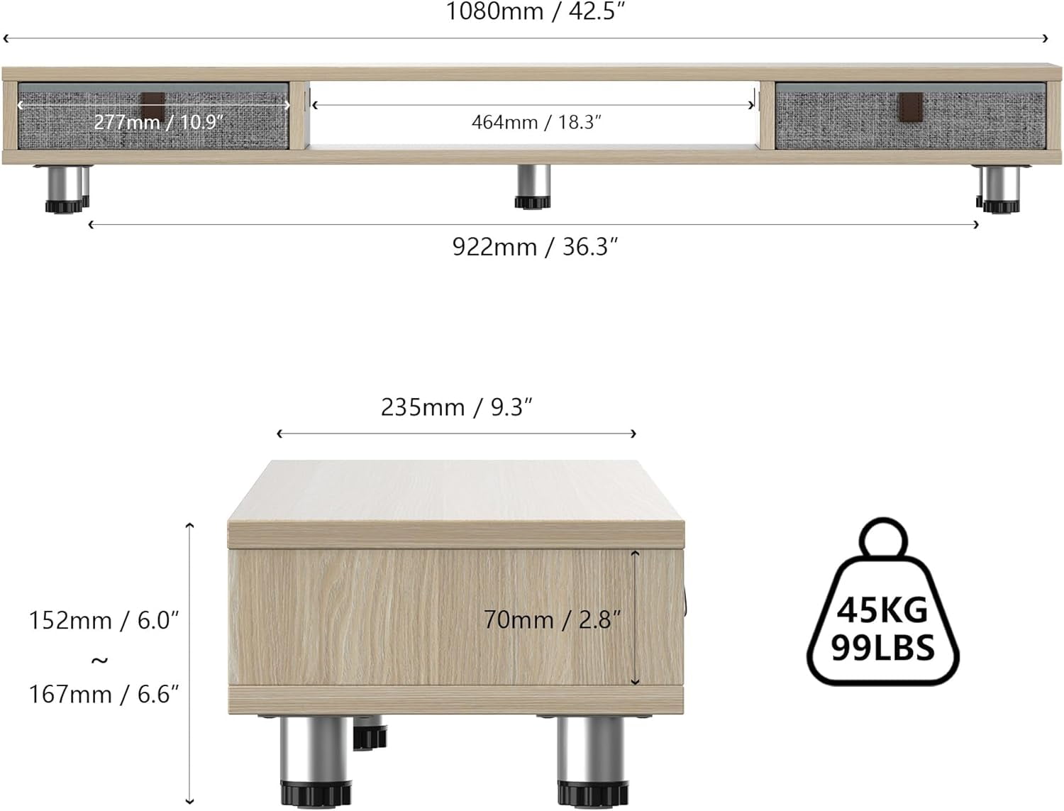 Monitor Stand, Dual Monitor Stand with 2 Drawers, Monitor Riser for 2 Monitors, Adjustable Height Computer Stand, Office Monitor Stands for Desk, Laptop, PC, TV, Printer