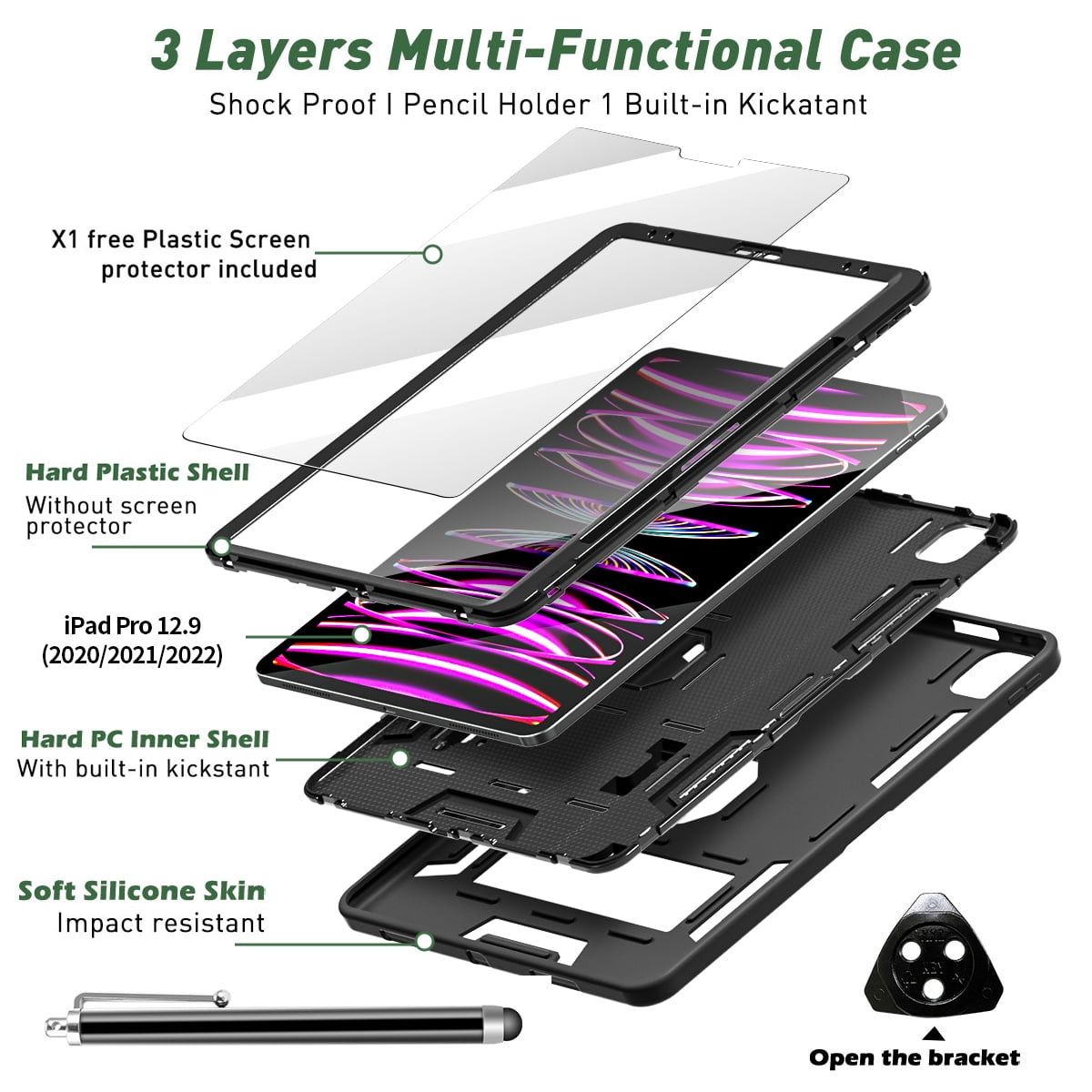For iPad Pro 12.9 Inch 6th Generation(2022) Case Rugged Kickstand Pencil Storage Heavy Duty Protective Cover (Black)