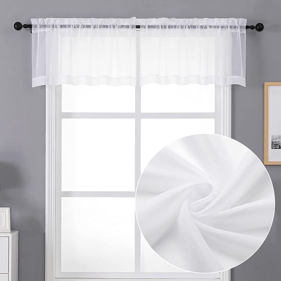 Sheer White Valances for Windows 2 Pack, Small Window Curtains for Living Room Bathroom Cafe Laundry Basement, Modern Top Dual Rod Pocket Voile Curtain, 42W x 14L inches, White