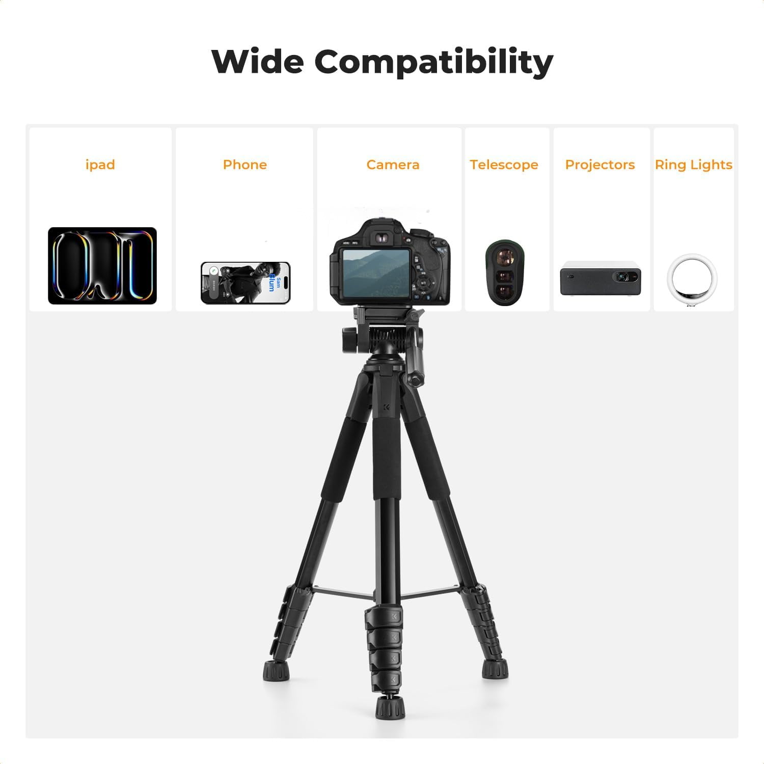 K&F CONCEPT 75" Lightweight Camera Tripod, Portable Travel Outdoor DSLR Tripods with Remote and Phone Holder, Cellphone Clip for Smartphone Live Streaming Vlog, Black