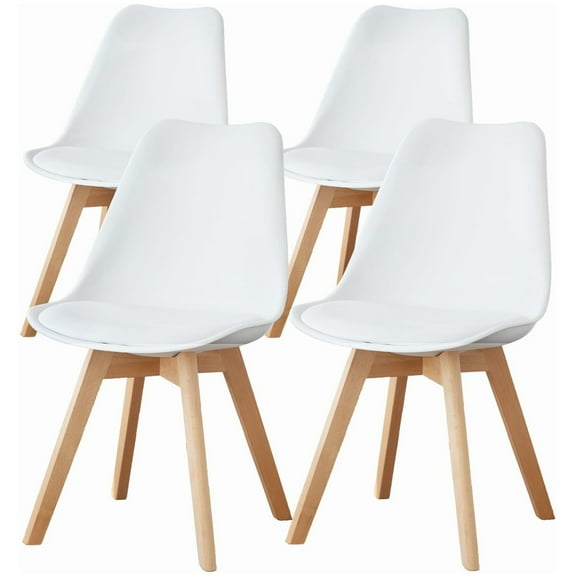 Set of 4 Mid-Century Modern Dining Chairs, White PU Leather Upholstered Seat with Durable Wood Legs for Kitchen, Dining Room & Home Use